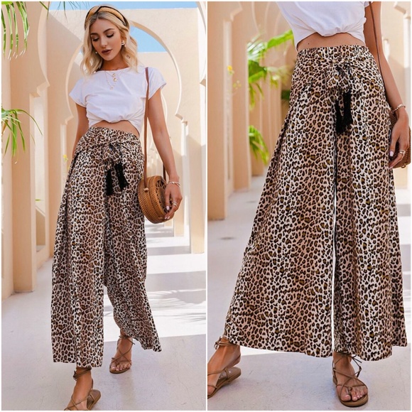 Pants - leopard print boho tassel tie palazzo wide pants